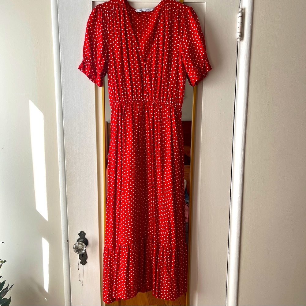 Zara Polka Dot Dress with Ruffle Hem and Defined Waist